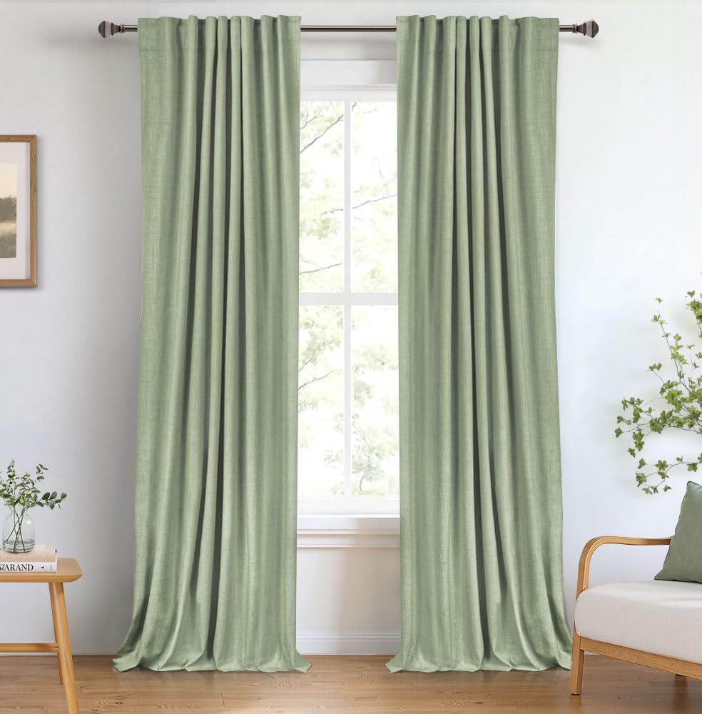 100% Blackout Shield Linen Blackout Curtains for Bedroom 108 Inches Long, Back Tab/Rod Pocket Living Room Drapes, Thermal Insulated Blackout Curtains
