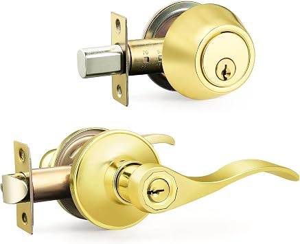 1 Pack Entry Door Lock Set, Keyed Alike Single Cylinder Deadbolt with Wave Style Door Handle, Polished Brass Door Lever Deadbolt for Bedroom, Exterior Doors