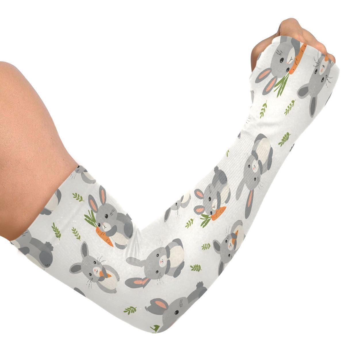 ALAZA Rabbit Holding Carrot Gray Gardening Sleeves Cooling Arm Sleeves Sun Protection Thumb Hole Arm Covers for Women Men