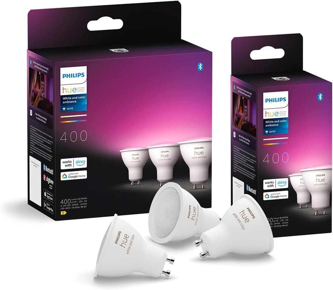 Philips Hue Philips Hue White and Color Ambiance, Faretto LED Smart GU10, Luce Bianca e Colorata, 400lm, Compatibile con Bluetooth, controllo vocale con Alexa, Apple Home e Google Assistant, pack da 5