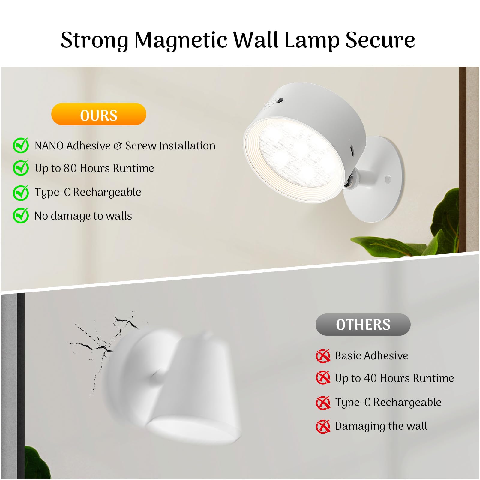 Lamparas Pared Sin Cable 2 Piezas, Aplique Pared Interior Inalámbricos Recargables con Control Remoto y Táctil, 3 Temperaturas Regulables Batería 4400mAh, Rotación Magnética 360° para Dormitorio