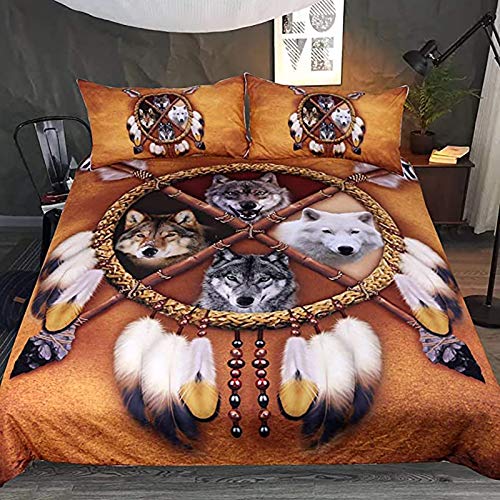 Wolf Dreamcatcher Bedding,Duvet Cover Retro Feather Bedding Setï¼ŒMachine Washableï¼ŒAnti-Wrinkleï¼ŒFashion 3-Piece Bedding for Men/Women Queenl