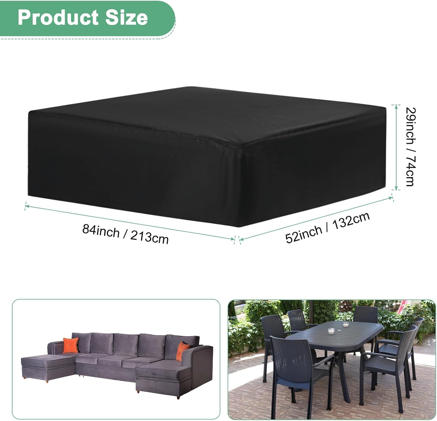 M METERXITY Rectangle Patio Furniture Cover, 84"x 52"x 29" (L x W x H), Black, Waterproof, Polyester