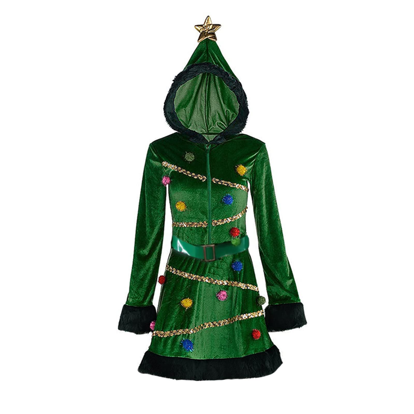 Christmas Tree Costume Women Velvet Hooded Sequin Dress Costumes