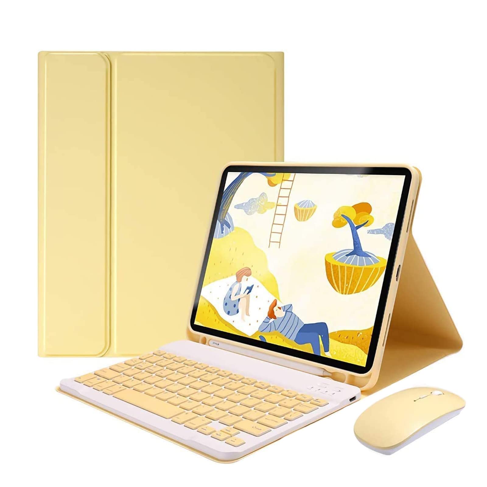 Coque Clavier pour iPad Air 5/Air 4e gén 10.9" 2022/2020, QWERTY Clavier Magnétique Détachable avec Fente pour Stylo, Housse de Clavier sans Fil avec Souris Bluetooth pour iPad Air 10.9", Jaune
