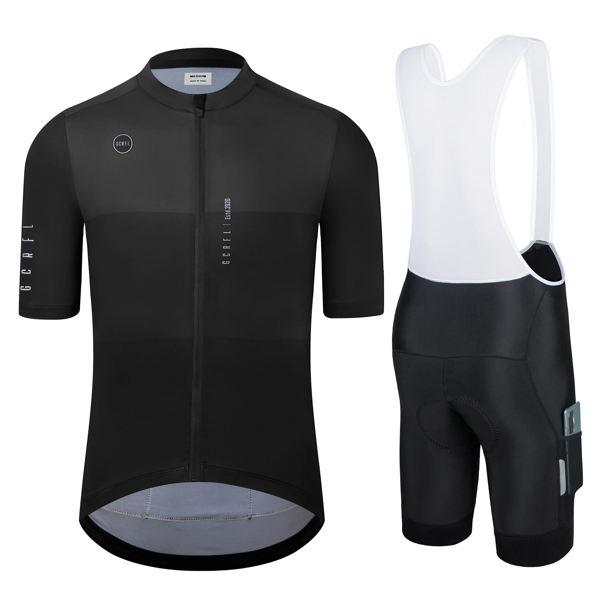 Photo 1 of GCRFL Men's Cycling Jersey Set Cycling Kit Bicycle Jersey Rear Zipper Pocket Bike Bib Shorts With Pockets Race Fit High Density Pad (Black, XL)