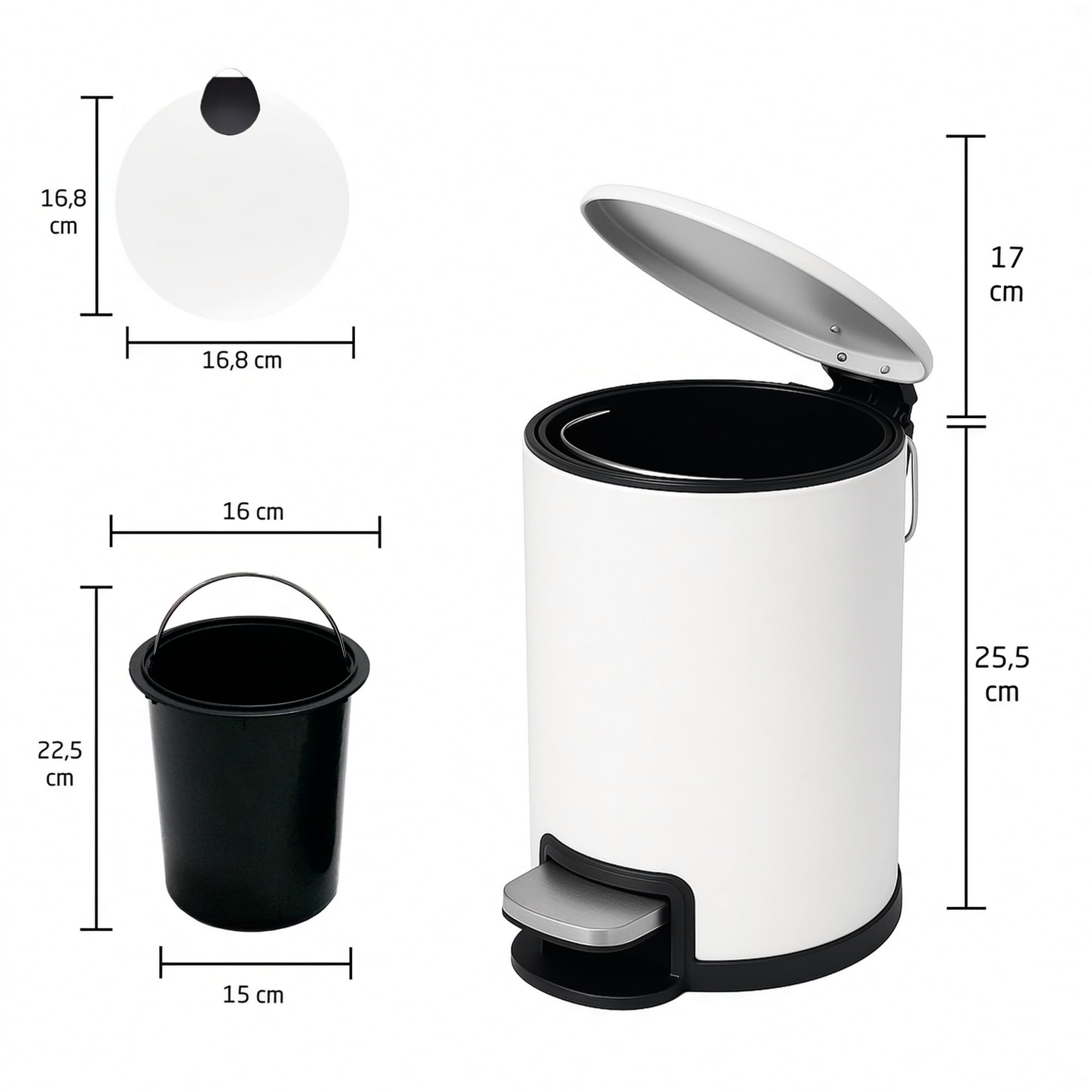Amig - Cubo de Basura para Baño con Pedal 3 Litros Mod. Tacto - Color Blanco - Apertura Higiénica sin Manos - Ø16,8 x 25,5 cm - Acero Inoxidable Lacado - Papelera Redonda con Cubo Interior Removible