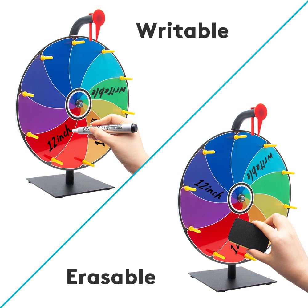 HUHUPET 12 Inch Spinning Prize Wheel, 10 Slots Tabletop Roulette Spinner with Dry Erase Marker and Eraser, for Trade Show, Carnival, Party Games - Image 4