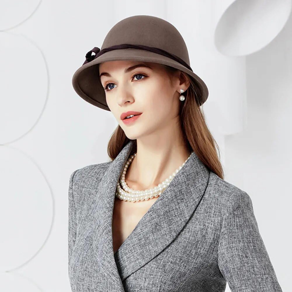 Cappelli a Bombetta a Tesa Larga in Feltro di Lana Grigio Scuro per Donna, Cappelli da cappellaio Nero, Cappelli a Cloche da Donna, Autunno Inverno (Grigio Scuro, 53-57 cm, M)