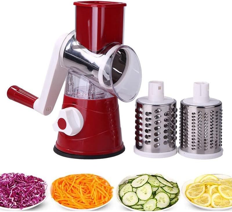 Miniatura 2 de Rallador de queso giratorio rojo, rallador manual de queso con asa, 3 cuchillas de acero inoxidable reemplazables, triturador de queso, base de
