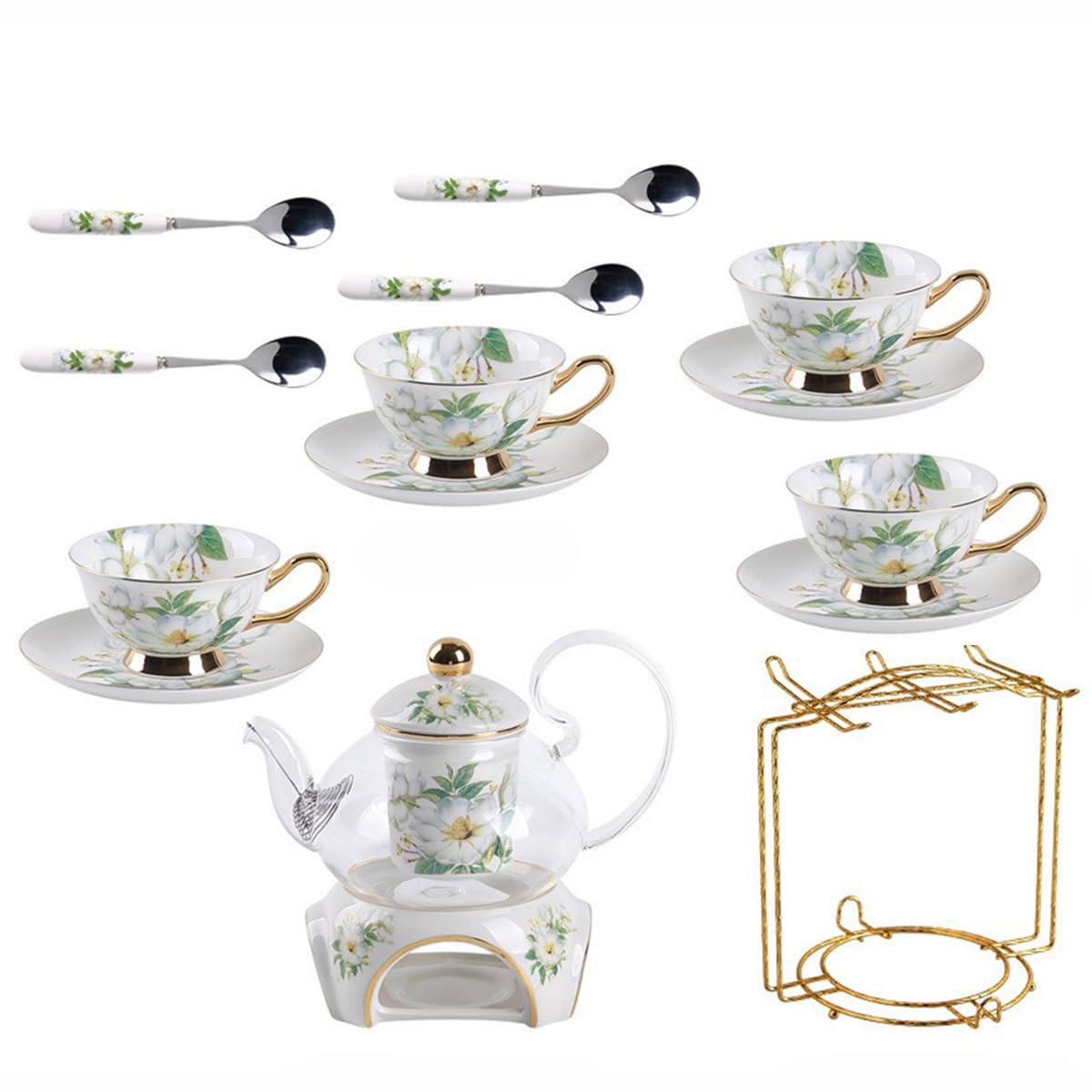 15 Stück Europäischen Blumen Tee Set,Muster Bone China Tee Set Service Kaffee Set, Beheizte Glas Teekanne, Für Geschenk Und Haushalt, Hochzeit (Kamelienblüten-Muster)