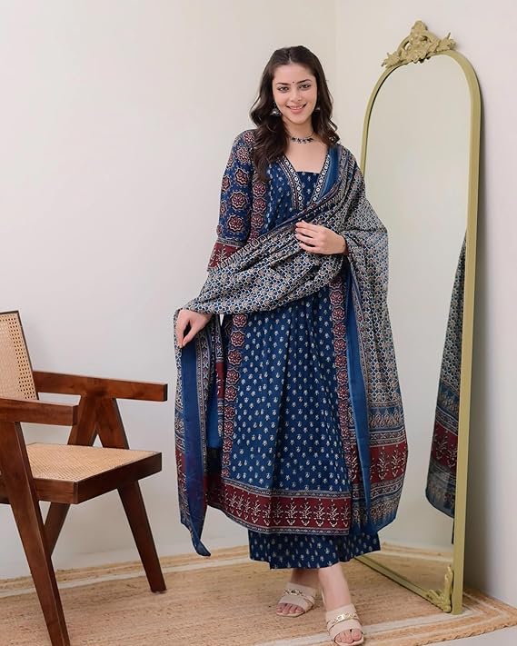 Image of ANNI Designer Women's Pure Cotton Anarkali Kurta Set for Women with Dupatta & Plazzo - Hand Block Print Suit Set | Stylish Dress | Cotton Kurta Set for Women