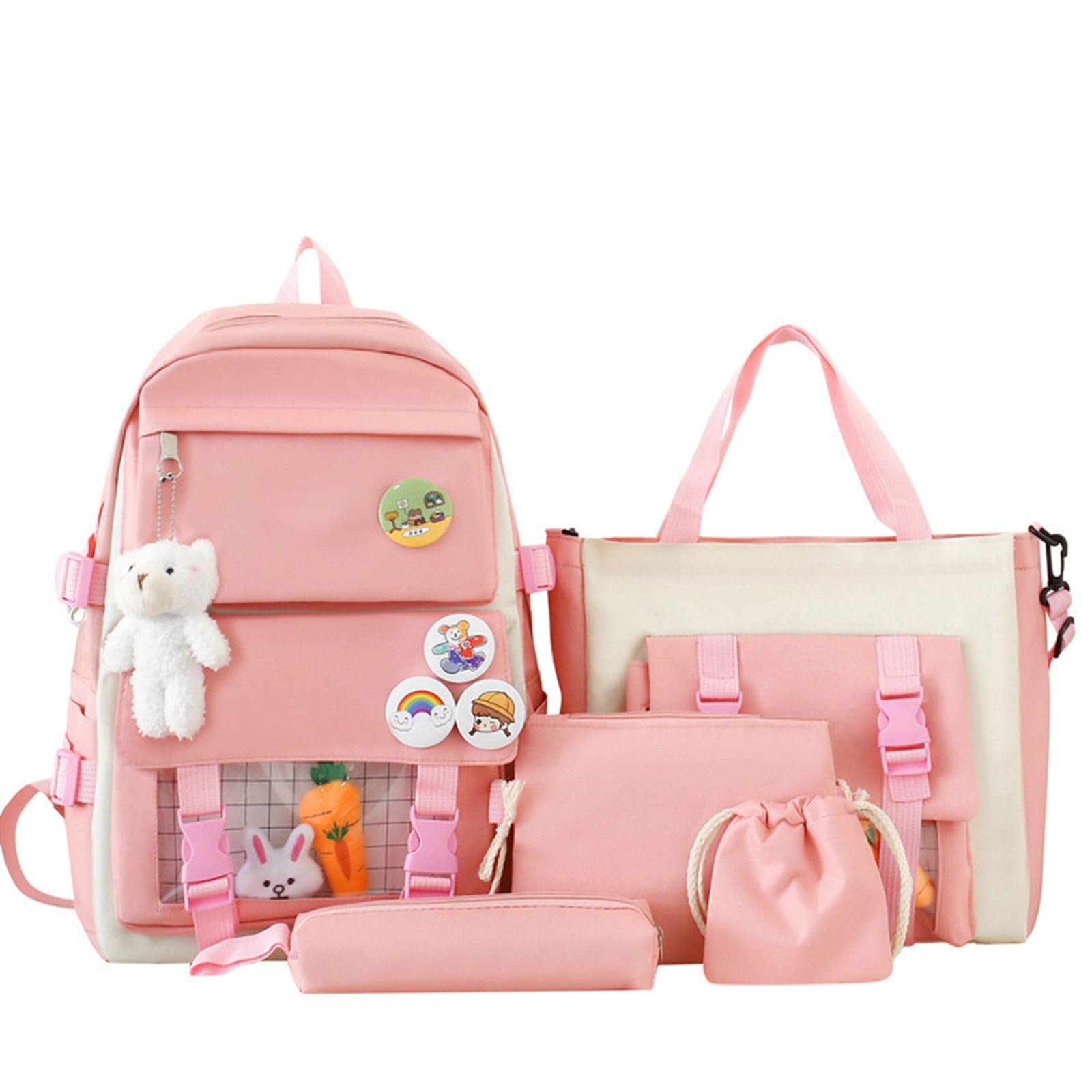 5 Piece Set Bags Children Boy School 4 Ornaments For Girls Teenage Book Bags For School Elementary Causal Daypack Supplies Gifts For Girls Suitable For Ages 10-18