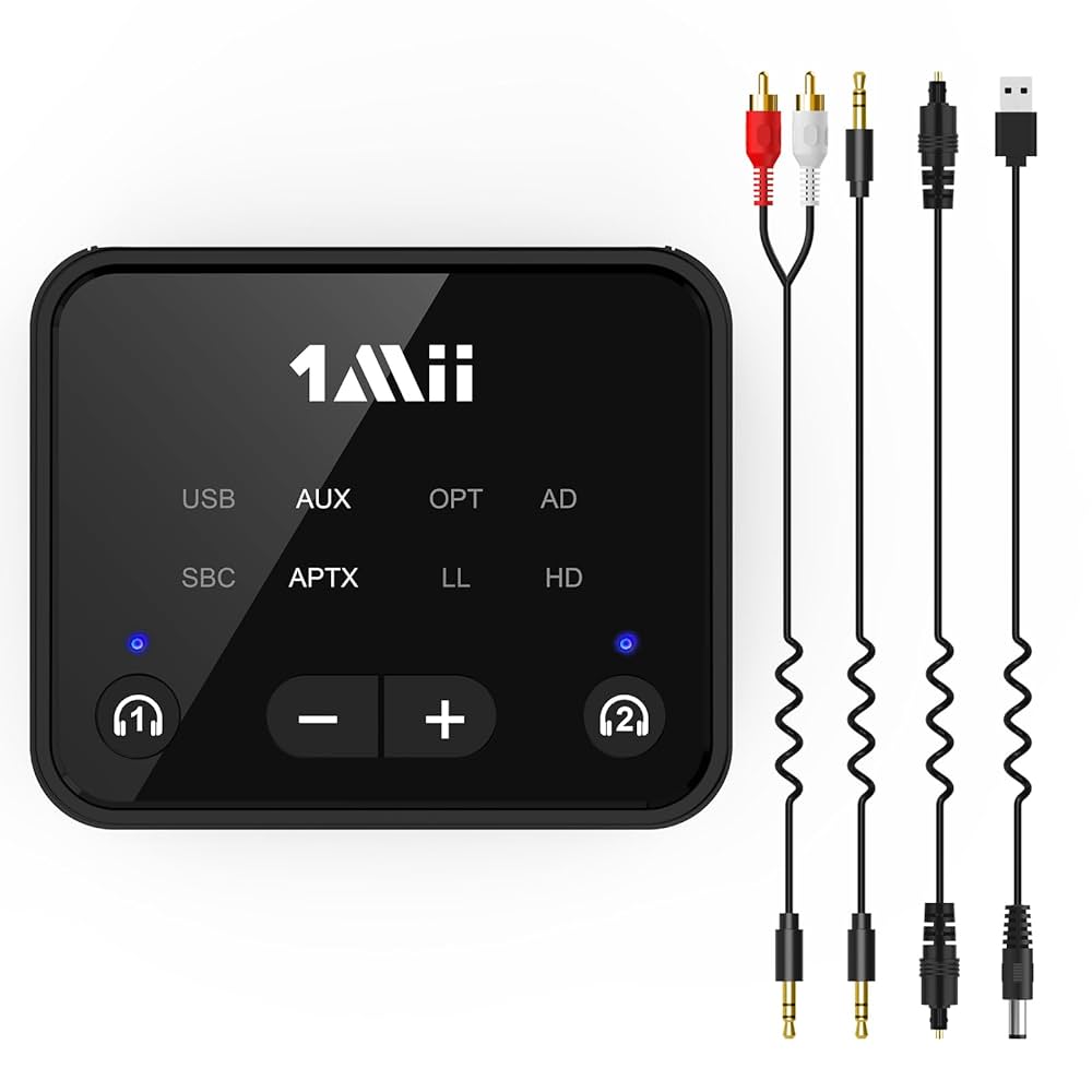 1Mii B03 Receptor Transmisor Bluetooth 5.3 Para TV Home Stereo BT Auriculares, AptX Baja Latencia Y HD Y AD Adaptador De Audio Bluetooth, Divisor Para Cable E Inalámbrico, RCA Óptica AUX De 3.5 Mm