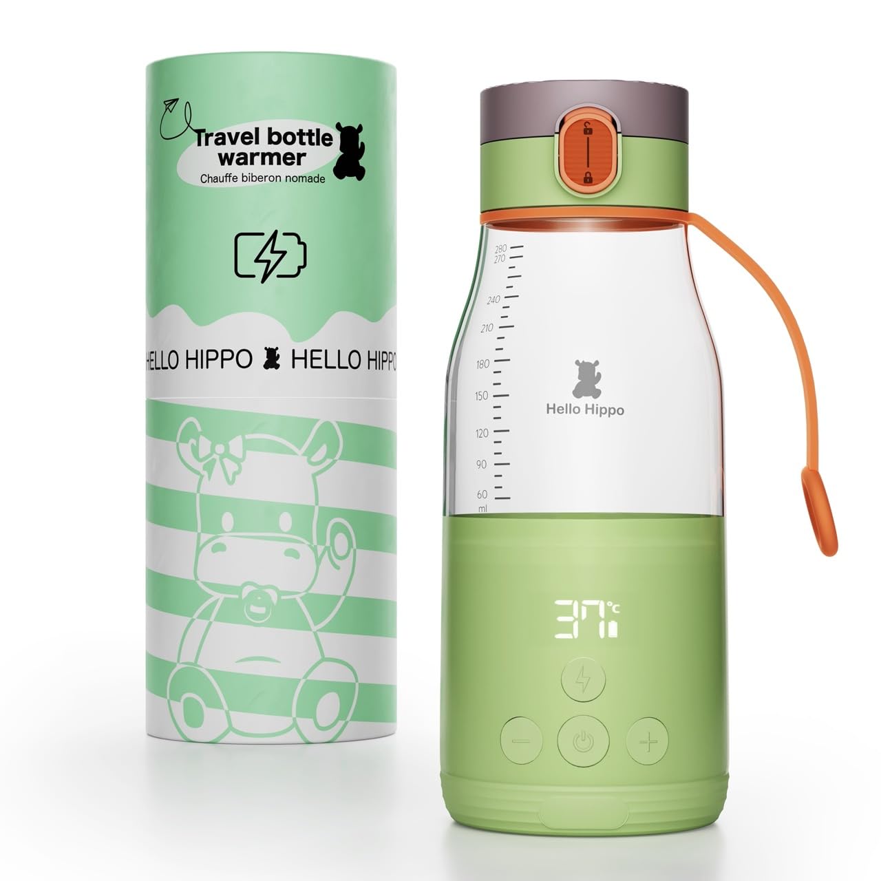 HELLO HIPPO® Premium Mobile Bottle Warmer, portátil, USB, 300 ml - sin cable - bateria- ideal para viajes - Calienta leche y agua - Graduación /30 ml - Temperatura regulable de 37 a 50°C