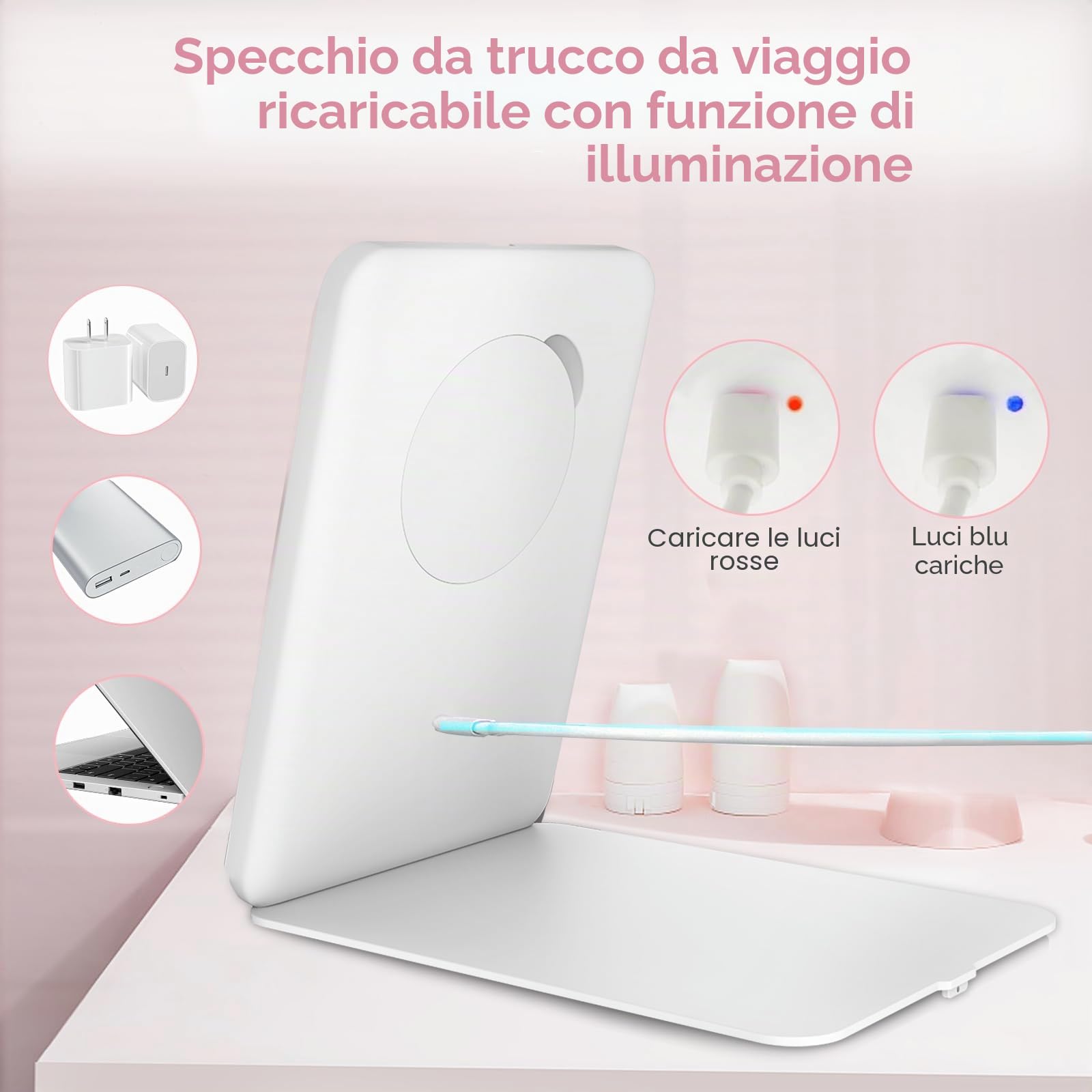 SURFOU Specchio Trucco con Luci LED Ricaricabile USB-C, Pieghevole e Portatile, 3 Tonalità di Luce Regolabile + 10X Ingranditore, Interruttore Tattile e Memoria, Compatto per Makeup Professionale, Via