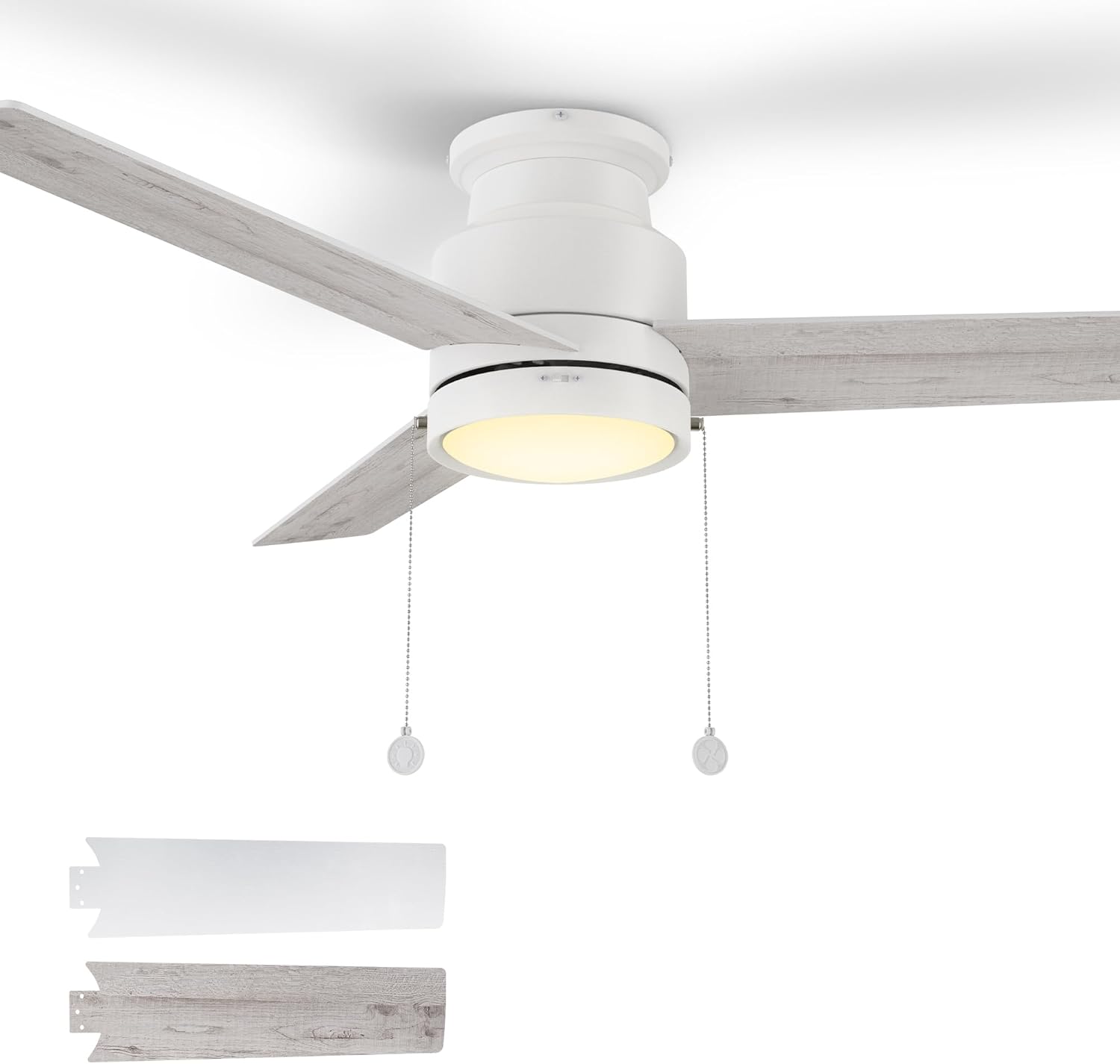 SMAAIR 52 Inch Pull Chain Ceiling Fan with Light, Flush Mount Ceiling Fan with Reversible Blades for Indoor Bedroom, Living Room, Quiet DC Motors, 3 Speeds Adjustable, White/Light Wooden