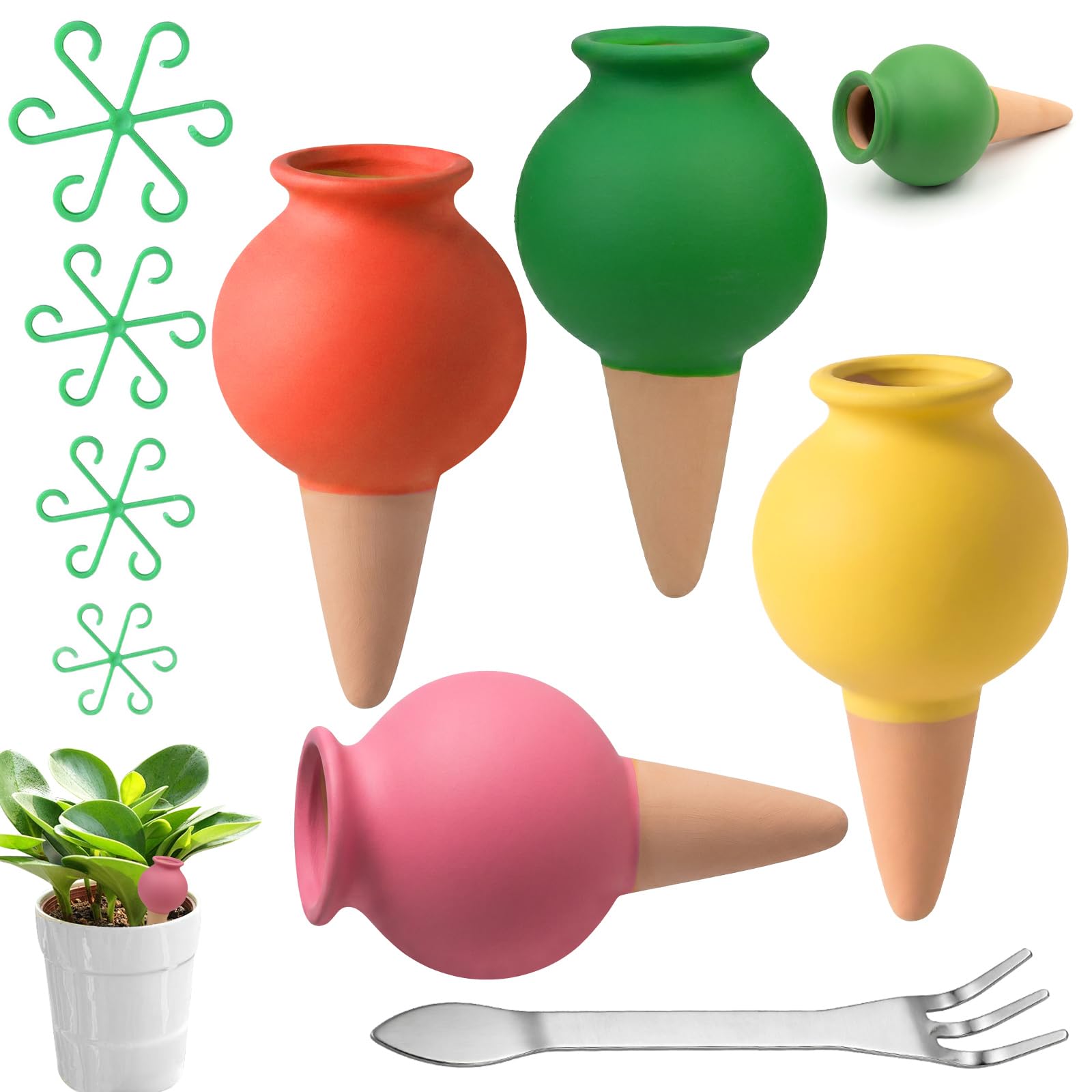 PokeAir 4 Pcs Terracotta Watering Spikes,Plant Watering Stakes with 4 Plant Support,Double Headed Bonsai Rake,Clay Plant Watering Globes,Insert Plant Watering Devices,Planters, Indoor&Outdoor Plants