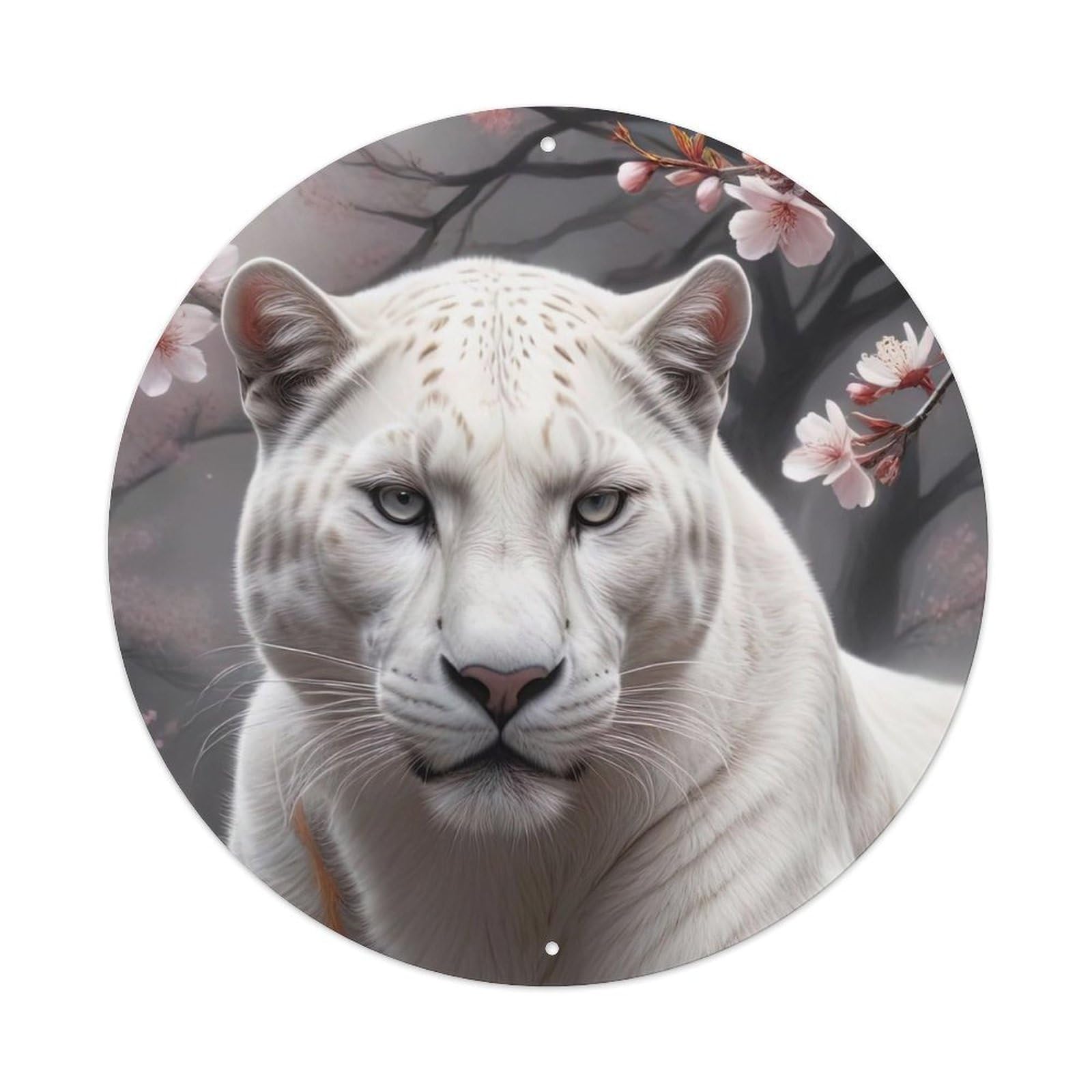 Animal White Tiger Amid Cherry Blossoms Metal Tin Sign