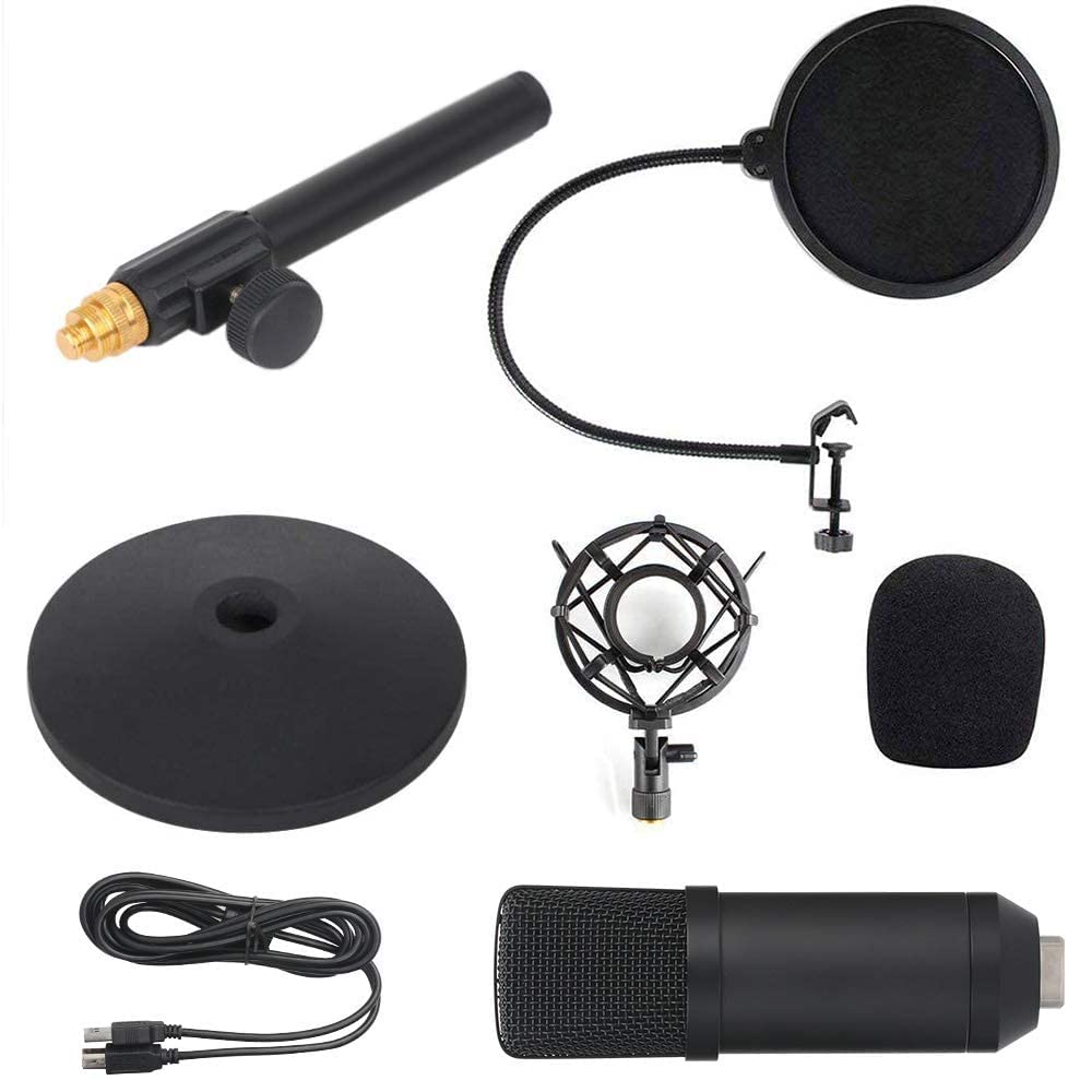CEZO Kit de grabación de micrófono de condensador USB con soporte de escritorio, funda de aluminio y filtro pop, micrófono de condensador para YouTube, podcast, juegos, micrófono Plug & Play de