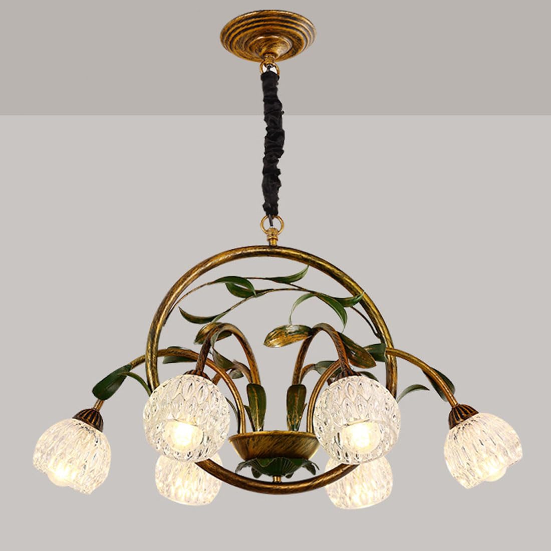 KXEcoLife E14 American multi-head chandelier, pastoral style flower retro copper and iron decorative lighting for bedroom, living room restaurant,A,6 heads