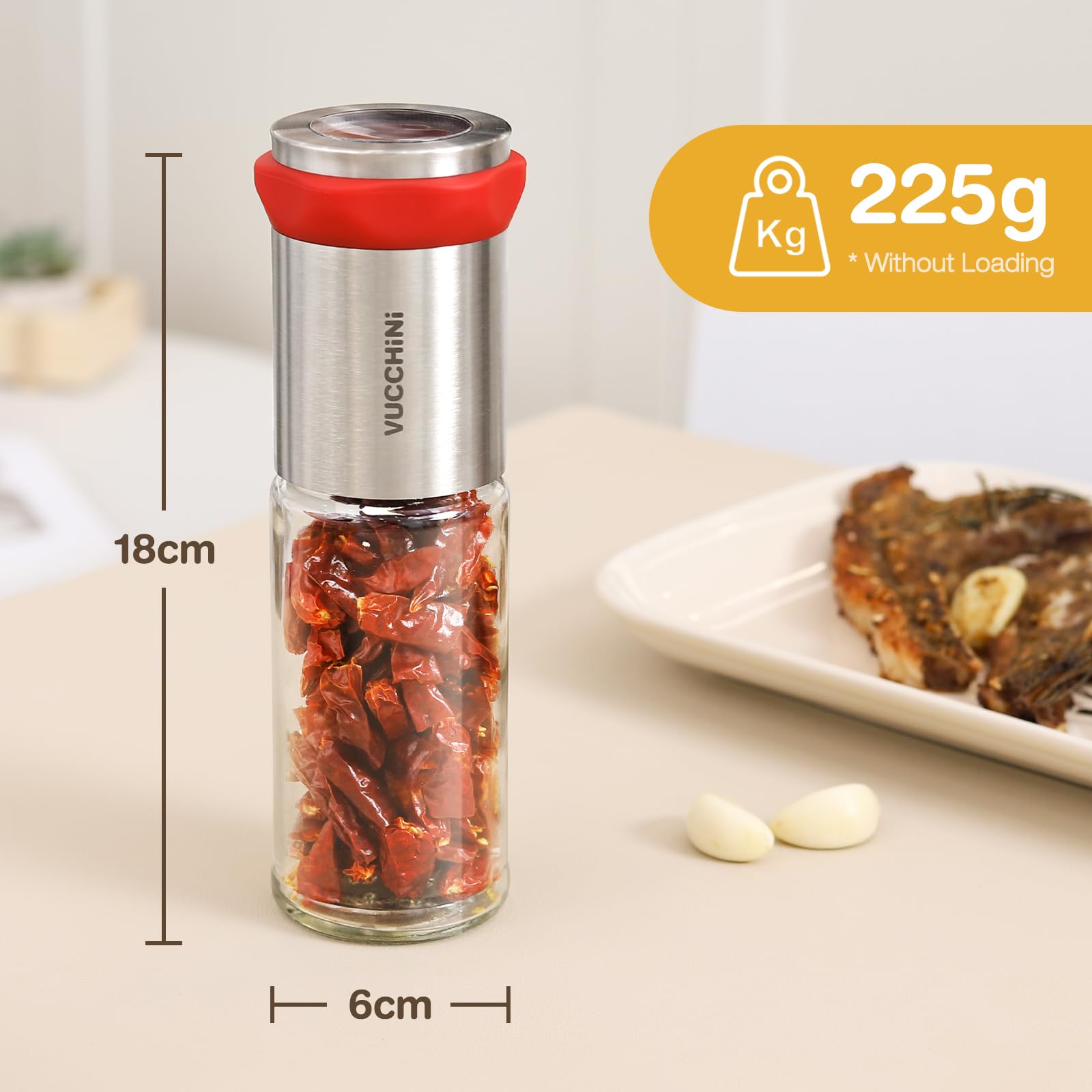 Vucchini Młynek do chili ze stali nierdzewnej i szkła, krajalnica chili do grubych przypraw i suchych chili, młynek do przypraw, młynek do ziół, mechanizm tnący