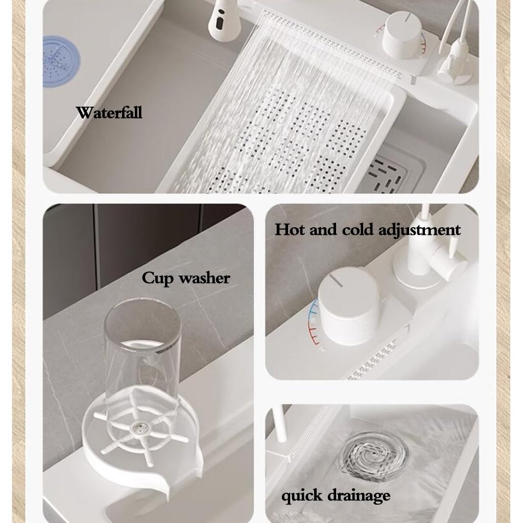 Cocina Hermoso, Sencillo e Innovador Fregadero de Cascada Fregadero de Acero Inoxidable Blanco de un Solo Tazón Lavado de Frutas y Verduras Vajilla Piscina de Agua Fregadero Multifuncional Fregadero