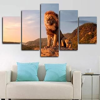 KOPASD Quadro 200X100 Cm 5 Pezzi Re Leone E Il Suo Cucciolo di Animali Stampa su Tela in TNT XXL Immagini Moderni Murale Fotografia Grafica Decorazione da Parete Astratto Quadro