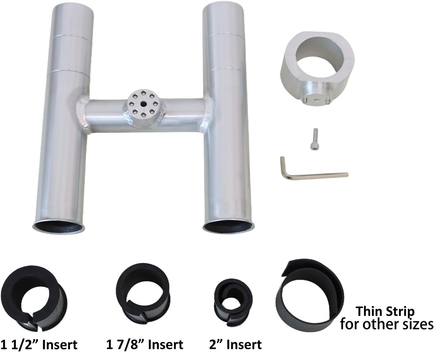 T-Top fishing Rod Holder Twin Aluminum clamp-on fit 1-1/2",1-7/8",2" inch horizontal or vertical fishing tower/leaning post/rail white black anodized (Silver Anodized)