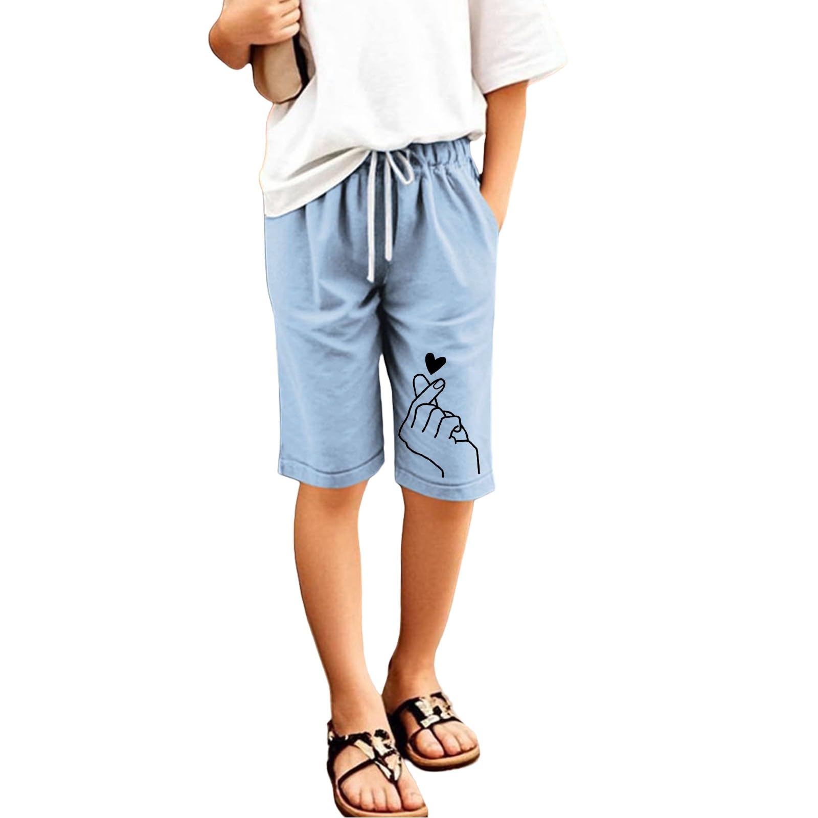 Generisch Leinenhose Kurze Mädchen Leicht Shorts Sommer Freizeit Hose Baumwolle Leinen Strandshorts Elastische Taille Sommerhose Elegant Einfarbig Stoffhose mit Taschen Sweatshorts