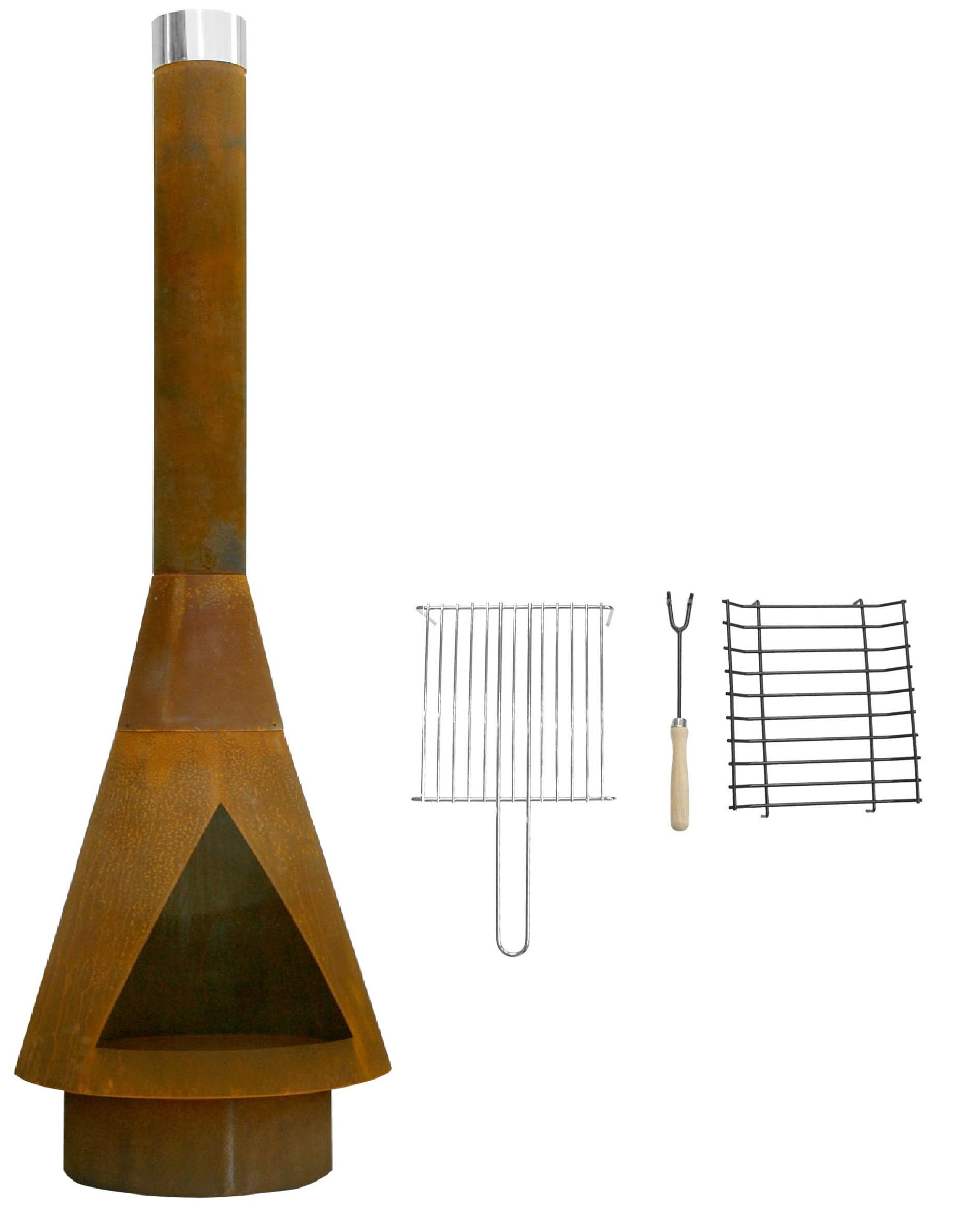 Yerd Gartenkamin Denver XXM 2 Meter 200 cm aus Corten-Stahl inkl. Grill-Rost Set mit Verlängerung