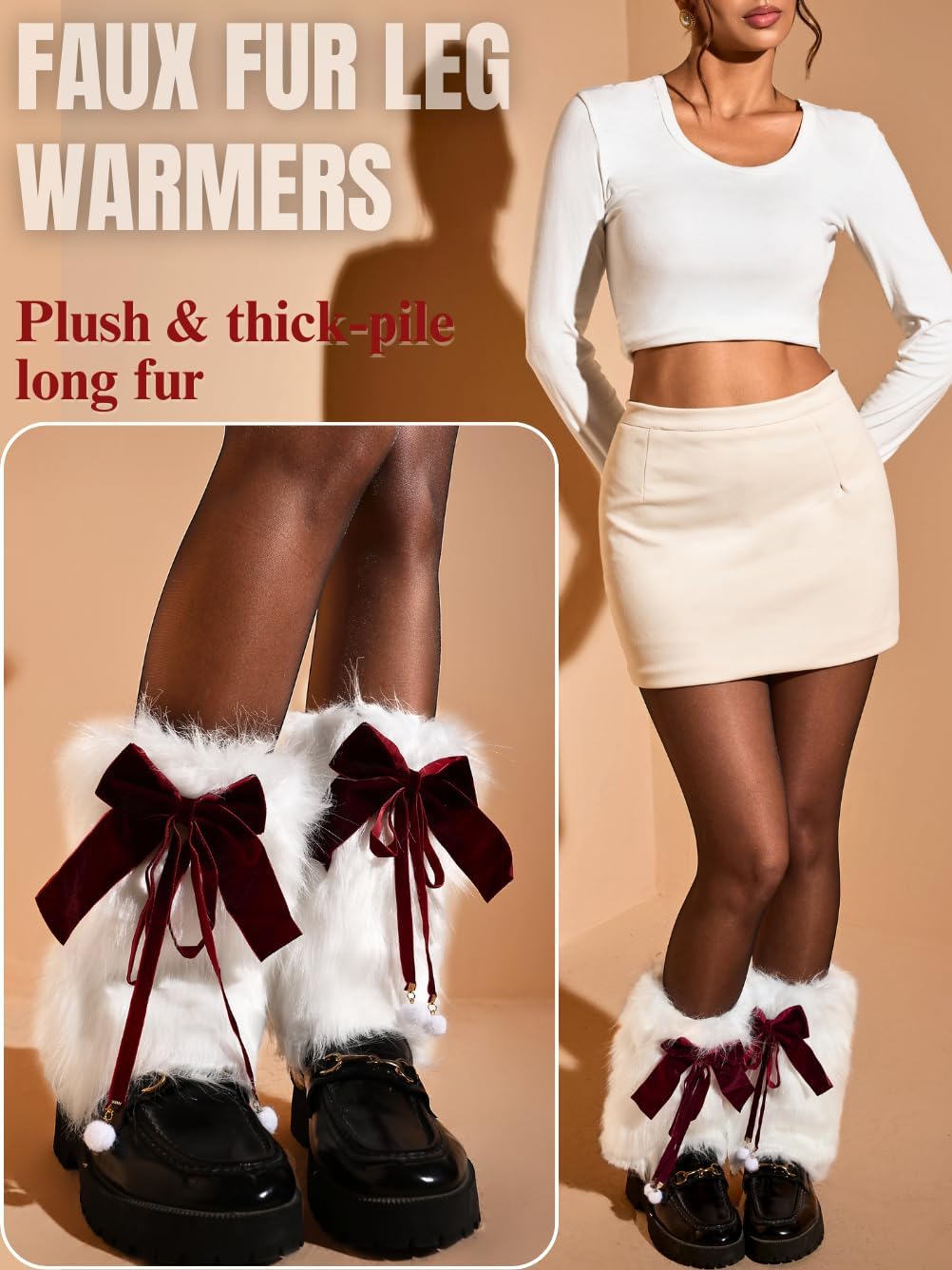 Bow Leg Warmers,Cute Faux Fur Boot Covers For Women,2000S Furry Outfit Rave Concert Christmas - Image 2