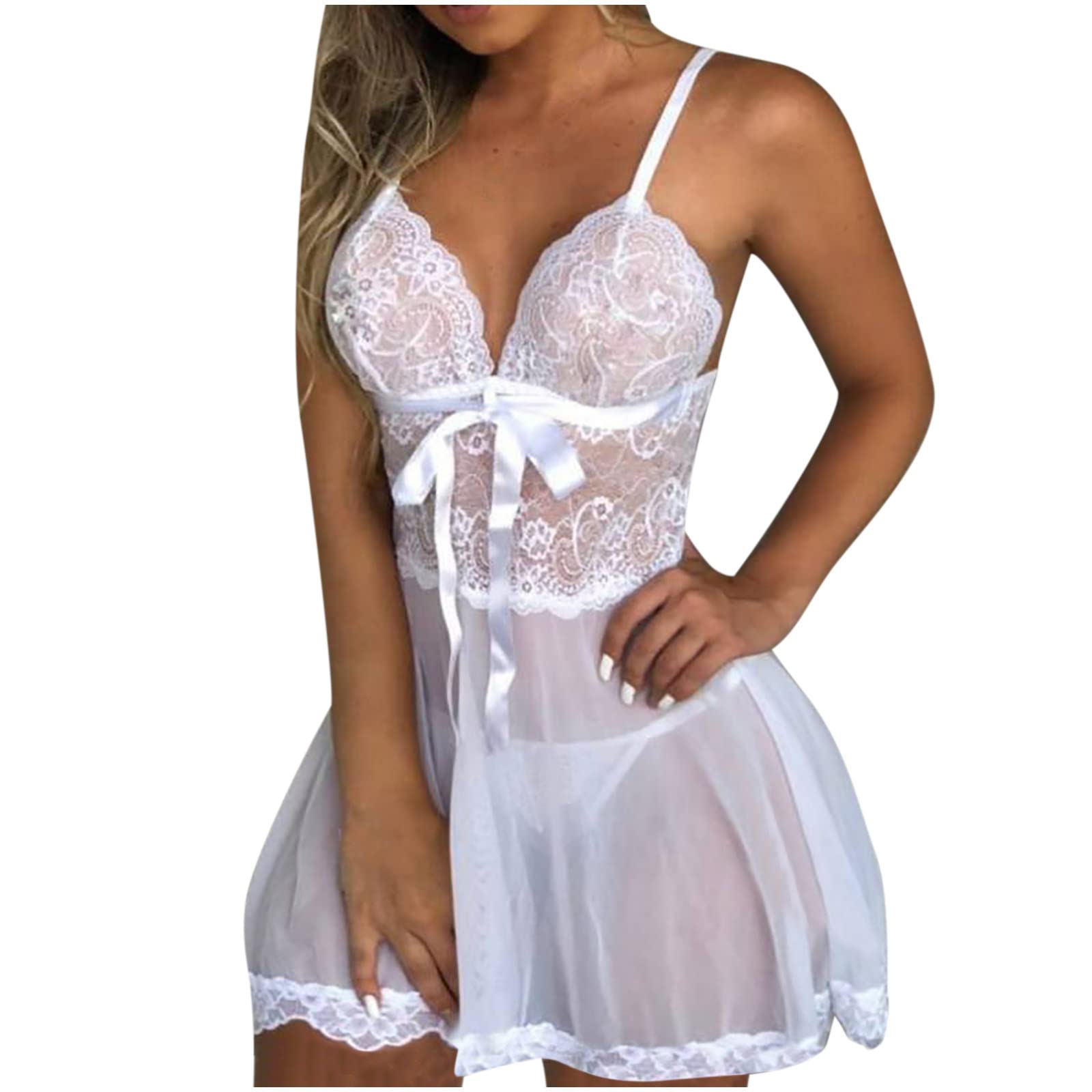 ctdiral Womens Lace Chemise Nightgown See Through Sheer Mesh Spaghetti Strap Sexy Lingerie Babydolls Mini Teddy Underwear
