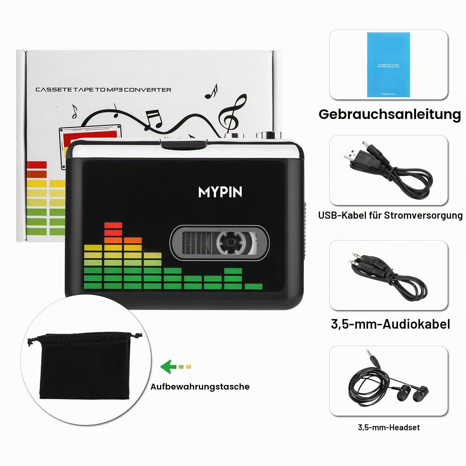 MYPIN Kassettenspieler, Tragbarer Kassettenkonverter USB Audio Kassette zu MP3 Player Konverter Kassette Auto-Rücklauf-Audio Notebook Retro Band Player mit Kopfhörer, braucht Keine Computer