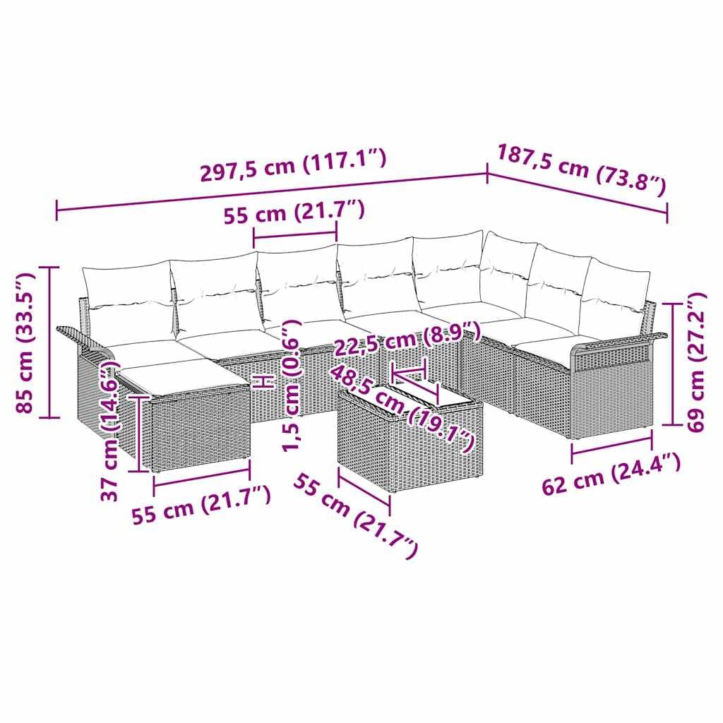 9-częściowy zestaw mebli ogrodowych, jasnoszary, z poduszkami, polirattan, modułowy zestaw mebli na taras, balkon, odporny na warunki atmosferyczne, zestaw mebli ze stołem i regulowanymi