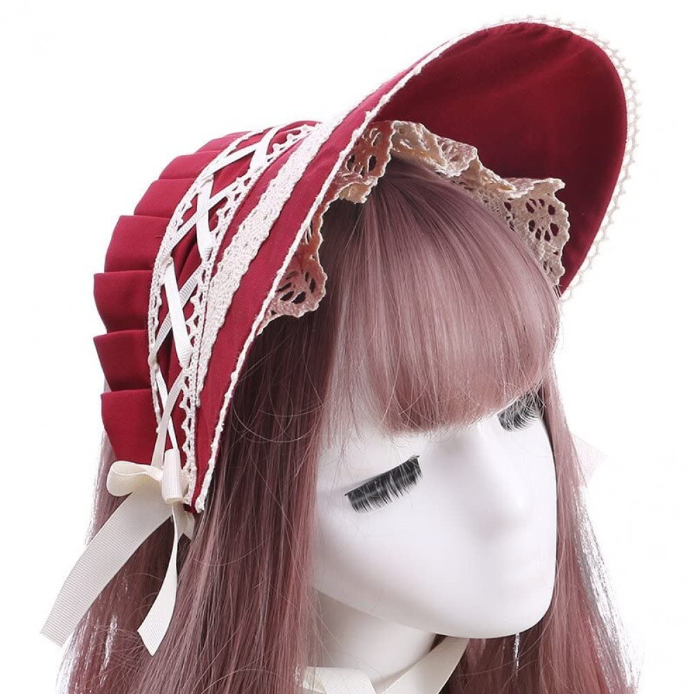 Stakee Women's Red Victorian Lace Bonnet Hat Lolita Lace Bowknot Hat Tea Party Sun Hat Victorian Embroidery Hat For Girls