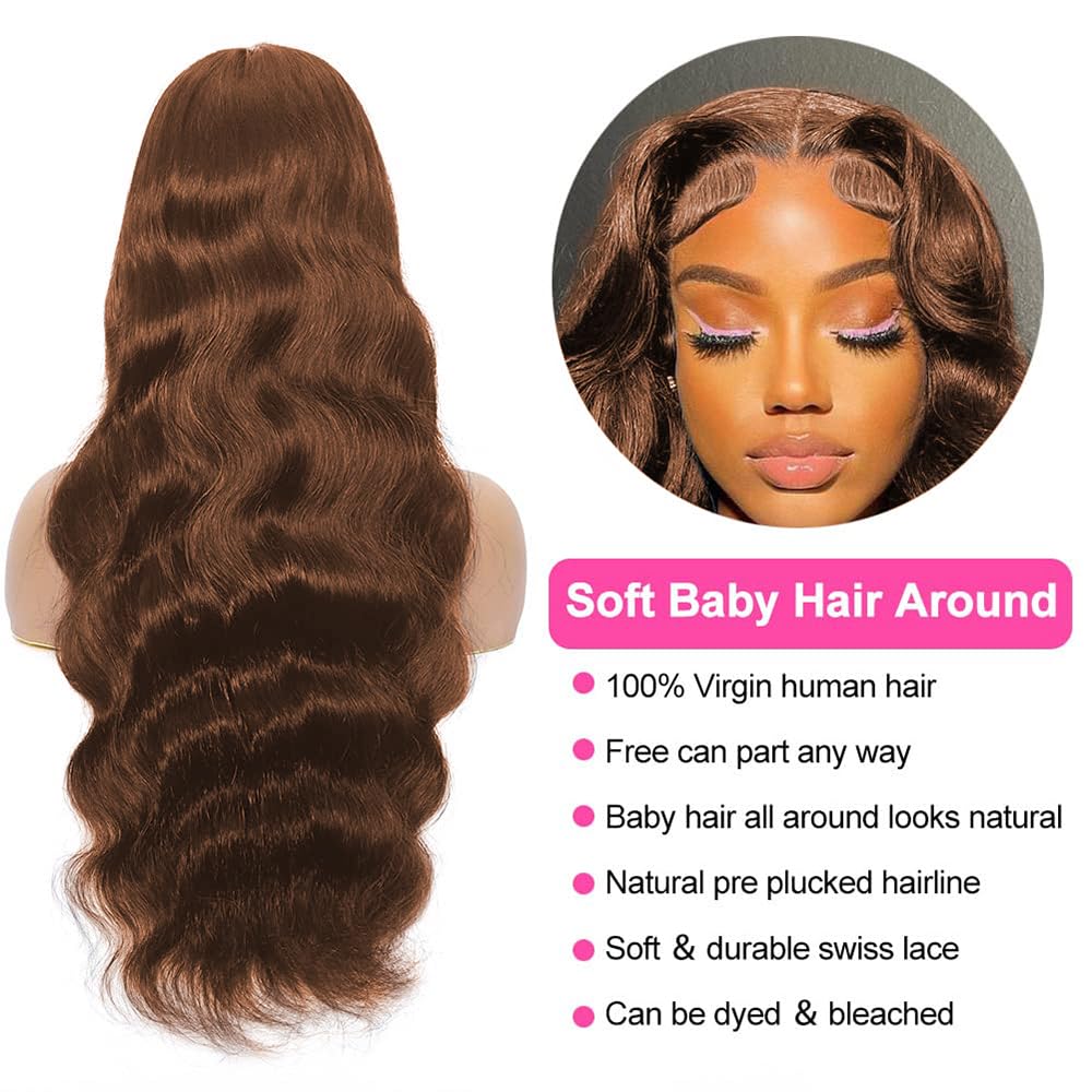 Chocolate Brown Body Wave Human Hair Wig For Black Women,13X6 HD Lace Front Wigs Human Hair Pre Plucked Natural Hairline,Brazilian Frontal Light Brown Glueless Colored Human Hair Wigs #4 20 Inch - Image 3
