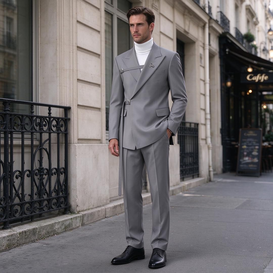 da Uomo Doppio Petto 2 Pezzi Collo Alto Coordinato Abito da Matrimonio Cinghia con Fibbia Blazer Sposo Smoking per Feste Prom