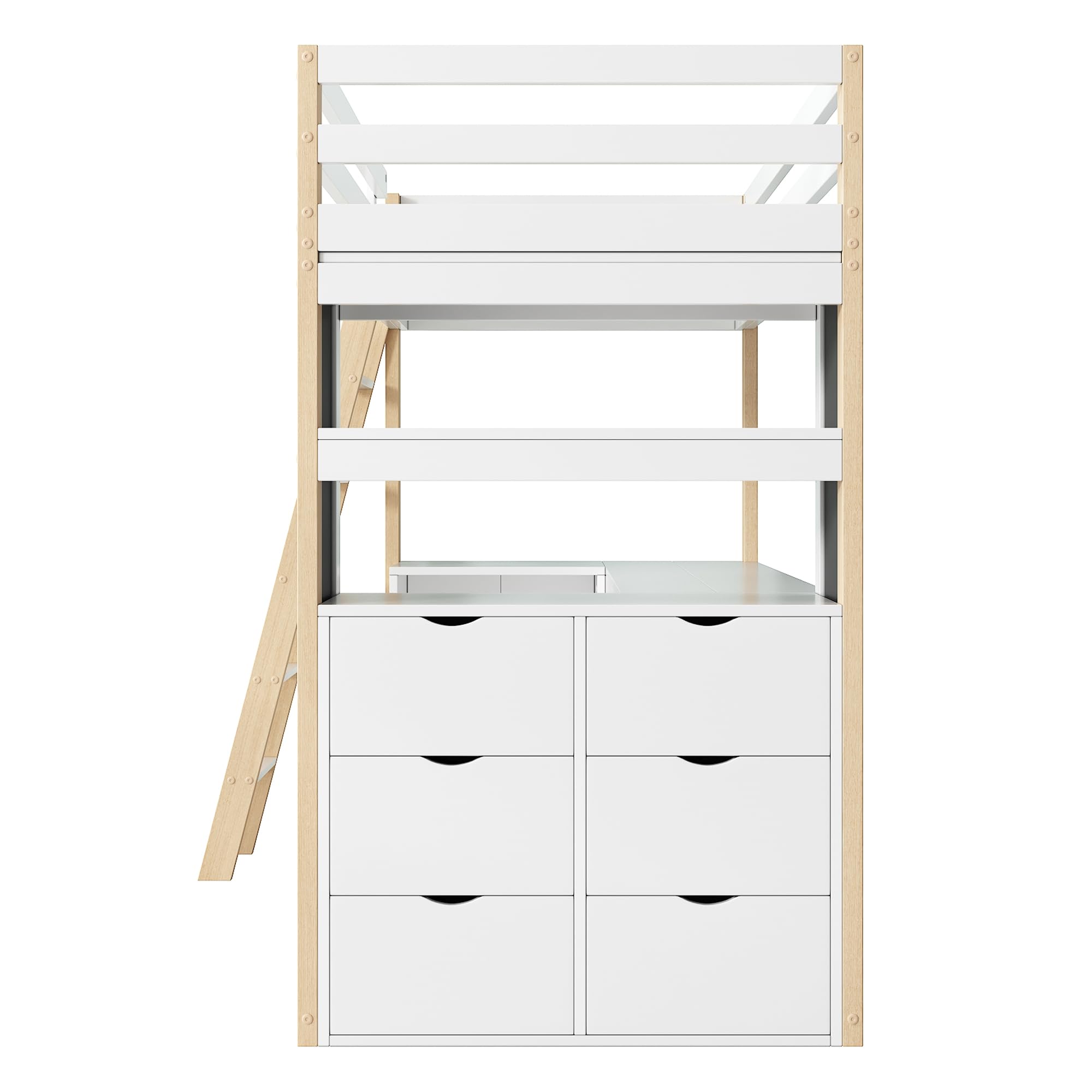 Sapgaks Lit superposé Enfants 90x200 avec Bureau,lit Mezzanine 1 Places 90x200 avec Compartiment de Rangement,avec échelle,Grand tiroir, Tableau Noir,étagère,Blanc + Naturel