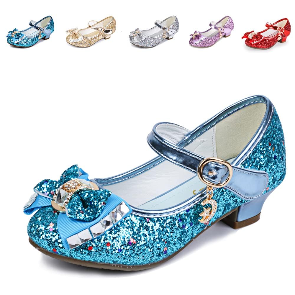 SangynGirls Low Heels Princess Sparkly Glitter Dress Up Shoes for Party Wedding Flower Elsa Cinderella Cosplay - Kids