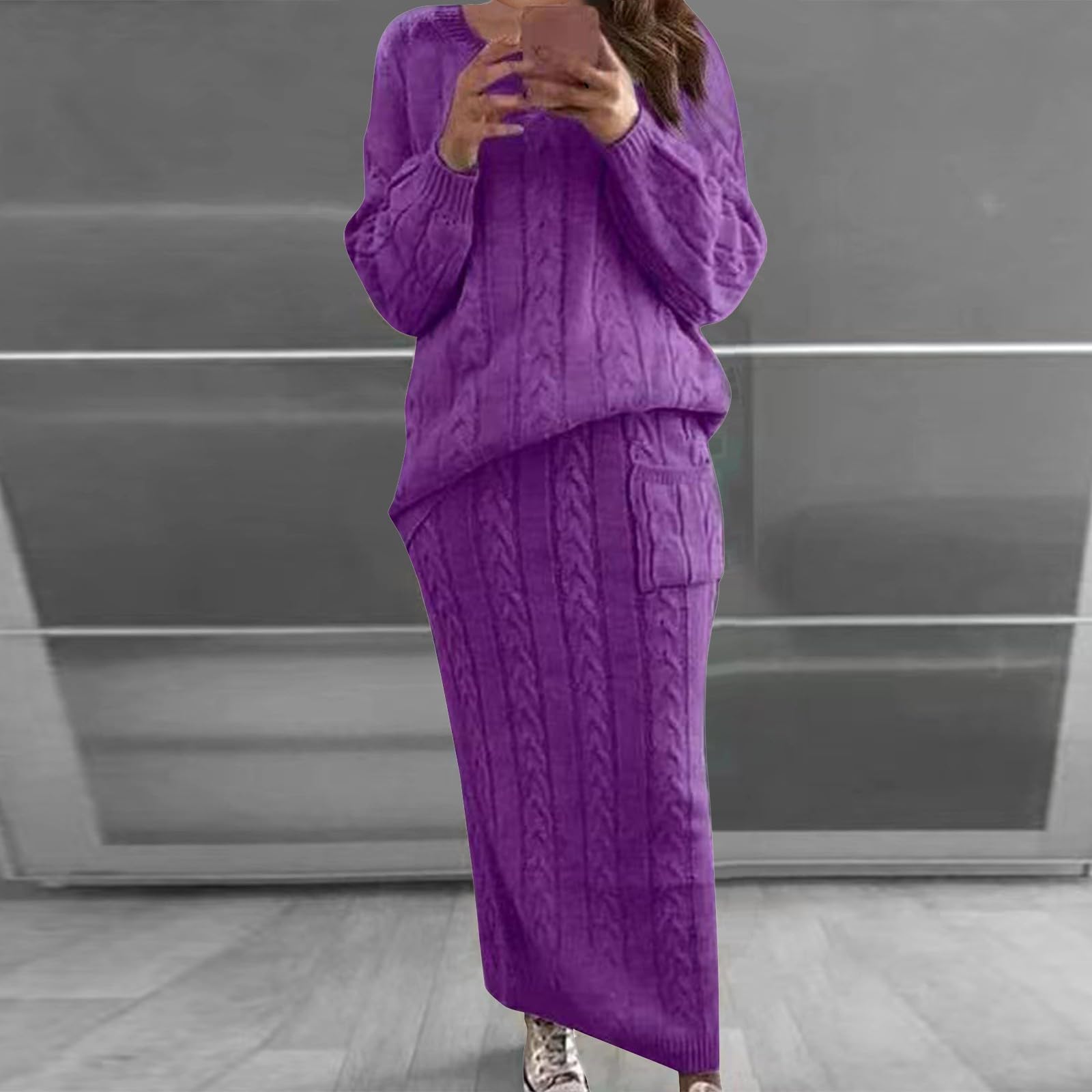 Strickanzug Damen Set Winter Elegant Mit Rock Hosenanzug Damen Festlich 2 Teiler Große Größen Zweiteiler Warm Strick Anzug Frauen 2 Teilig Kleid Freizeitanzug Kuschelig Hausanzug Plus Size