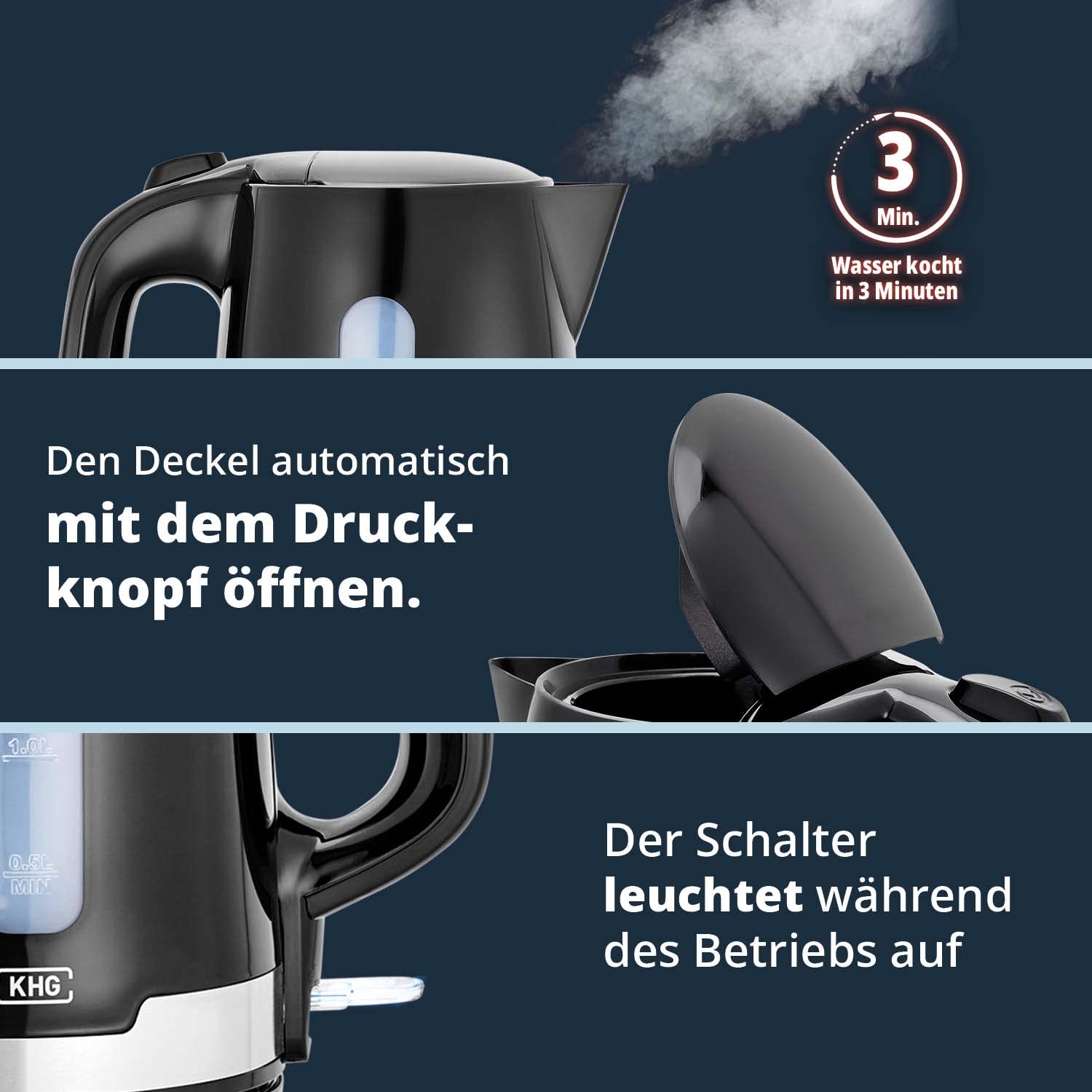 KHG Frühstücksset Kaffeemaschine Toaster Wasserkocher 3-teilig schwarz 1000 850 2200 Watt 1,7 Liter 2 Scheiben 12 Tassen