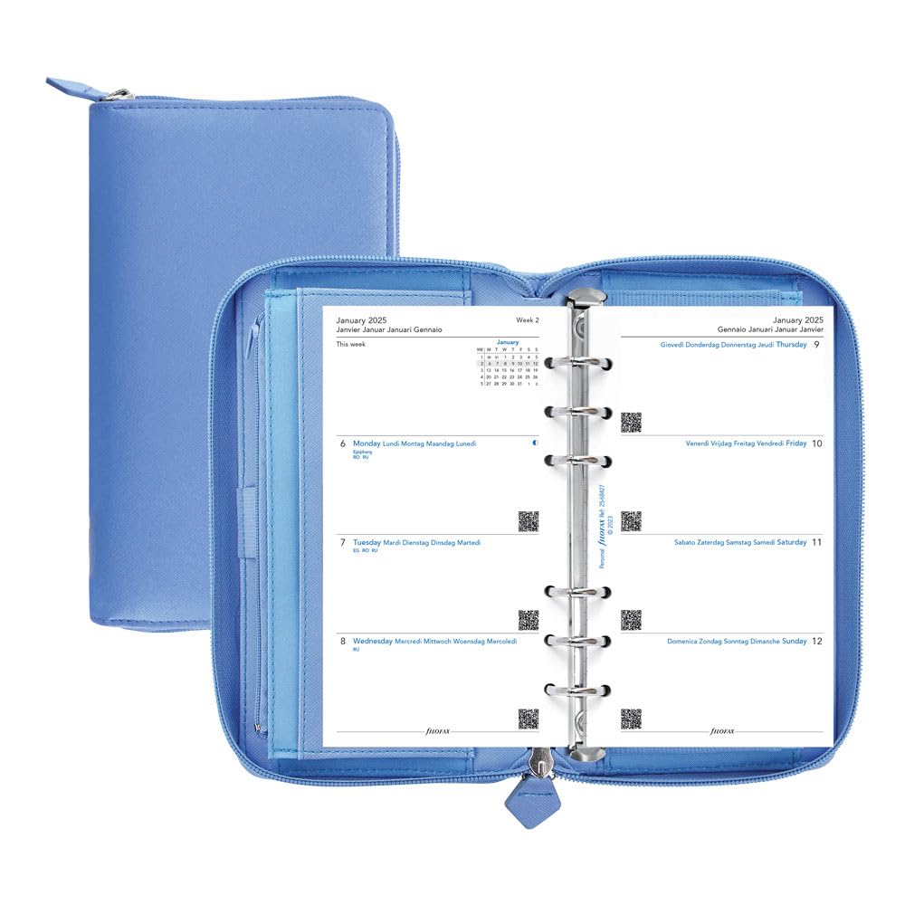 Filofax Agenda settimanale 202592-25 in saffiano con cerniera, formato compatto e personale, con vista settimanale, colore blu a grana incrociata, effetto pelle, 6 anelli