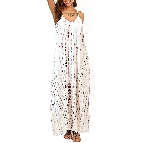 Supnier Women's Summer Maxi Dress Casual V-neck Sleeveless Bohemian Spaghetti Strap Floral Long Maxi Dress with Pockets