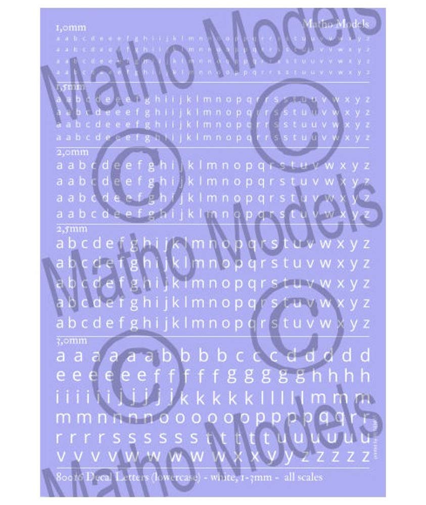 Matho Models 80016 Decal Letters (lowercase) - white, 1-3mm - waterslide decals - all scales