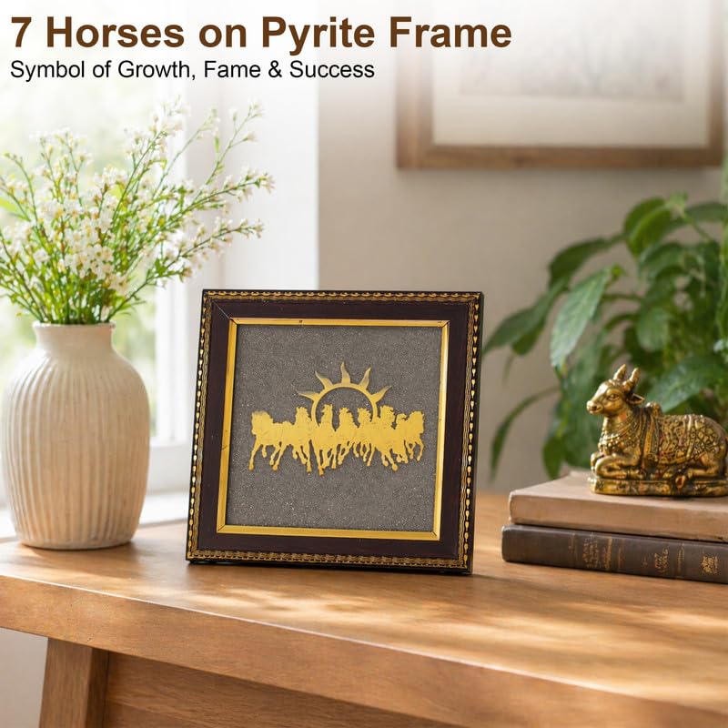 Image of 7 Running Horses Wall Frame with Rising Sun, Vastu Decor for Success, Power & Career Growth, Gold Wall Art