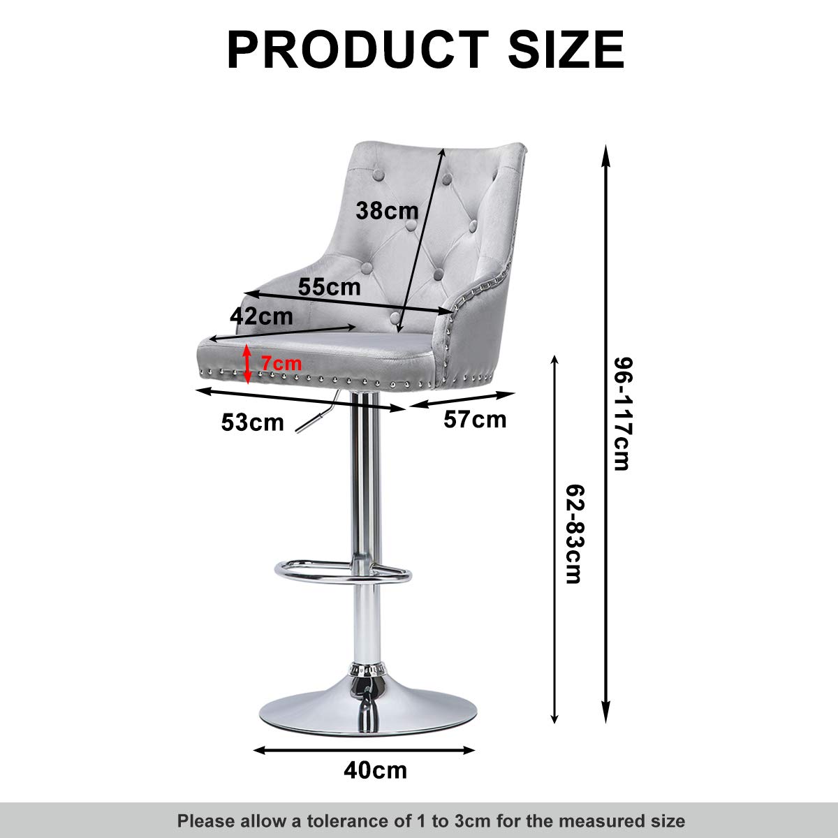 Hironpal Grey Velvet Bar Stool Set of 2 Chairs, Studded Bar stool with