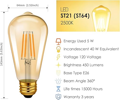 Miniatura 4 de LVWIT Bombilla Edison vintage ST21 de filamento LED de 5.5 W (equivalente a 40 vatios), regulable 2500 K (brillo ámbar), blanco cálido, base media