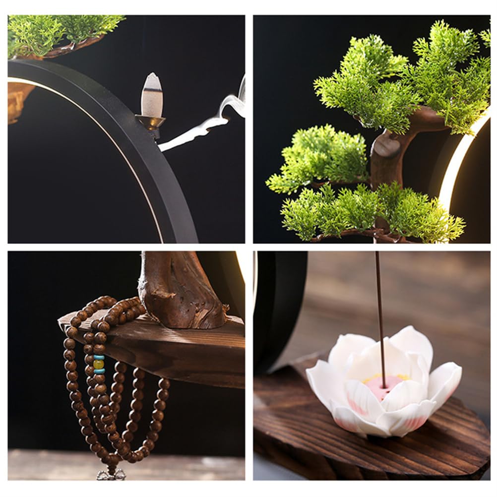 Buddha-Statue mit dekorativem Bonsai-Baum und LED-Kreislampe, Keramikfigur für Innenbereich, Heimbüro, spirituelles Kunststück für Meditation und Entspannung