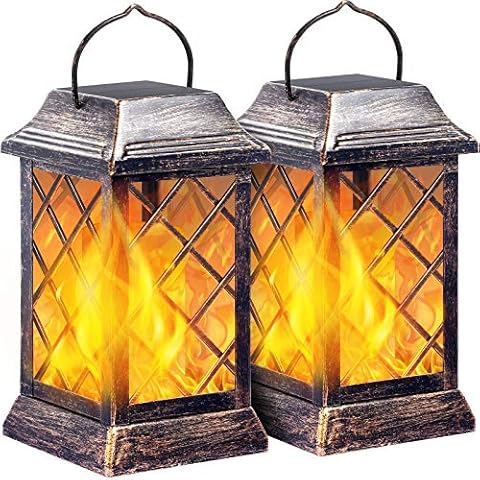 TomCare Solar Lights Outdoor Flickering Flame Metal Solar Lantern Outdoor Hanging Decorative Lanterns Heavy Duty Waterproof Umbrella Decorations Lighting for Patio Garden Deck Yard, 2 Pack (Bronze) Cover
